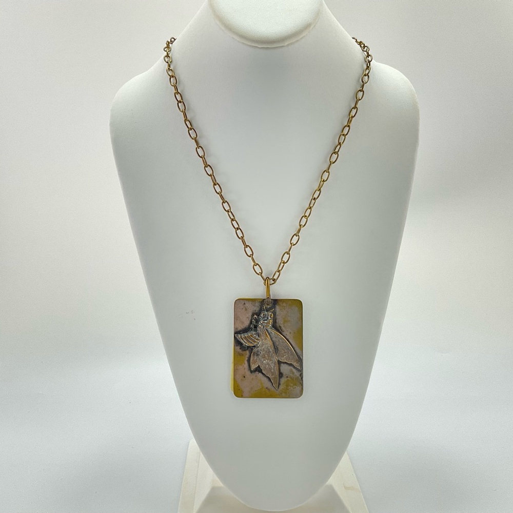 Vtg Brutalist Bee Pendant Necklace, Hornet, Secret Message, Gothic, Medieval